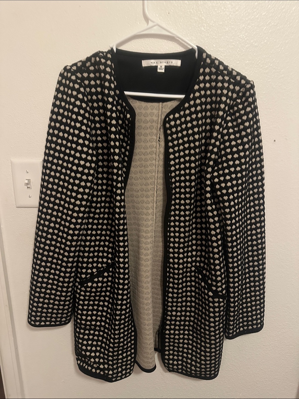 Max Studio Black & Cream Open-Front Patterned Jacket